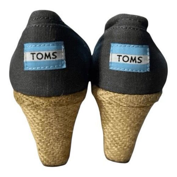 TOMS Shoes Women Size 6.5 Grey Canvas Peep Toe Slip On Espadrille Wedges Pumps - Picture 6 of 11